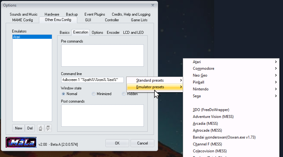 MaLa Emulator Presets right-click menu